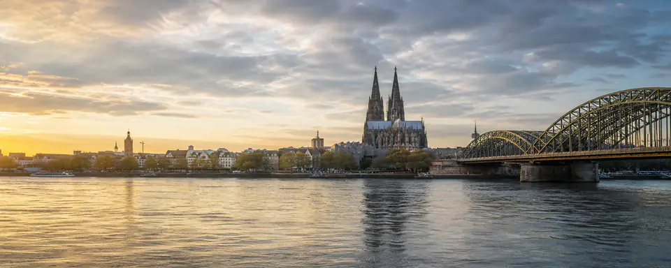 Illustrated panoramic view representing Köln, Germany, in natural weather light