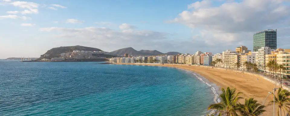 Illustrated panoramic view representing Las Palmas de Gran Canaria, Spain, in natural weather light