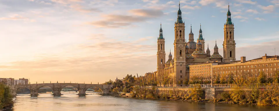 Illustrated panoramic view representing Zaragoza, Spain, in natural weather light