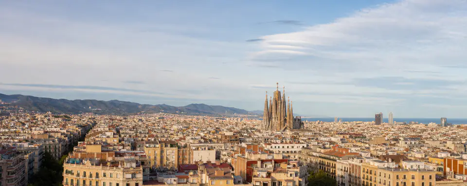 Illustrated panoramic view representing Barcelona, Spain, in natural weather light