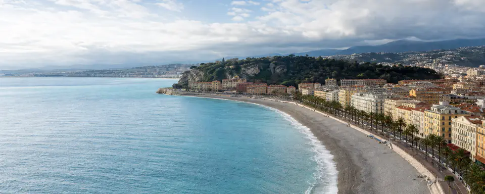 Illustrated panoramic view representing Nice, France, in natural weather light