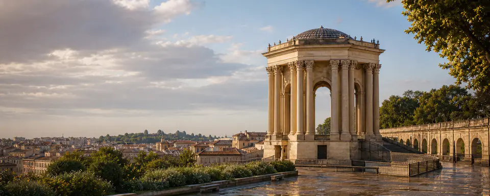 Illustrated panoramic view representing Montpellier, France, in natural weather light