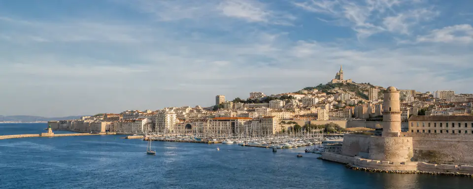 Illustrated panoramic view representing Marseille, France, in natural weather light