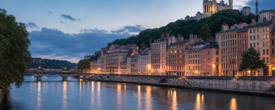 Illustrated panoramic view representing Lyon, France, in natural weather light