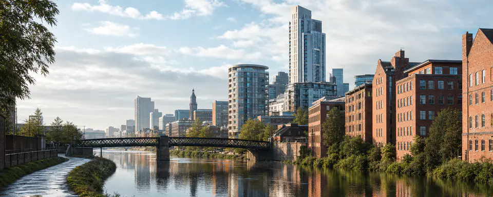 Illustrated panoramic view representing Leeds, United Kingdom, in natural weather light