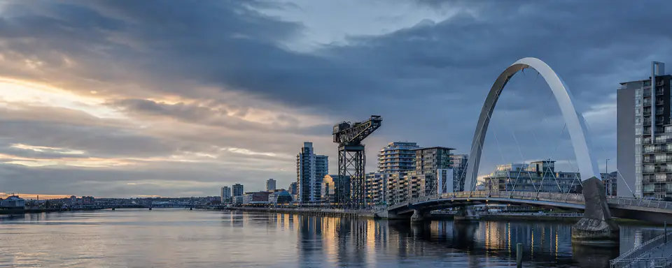 Illustrated panoramic view representing Glasgow, United Kingdom, in natural weather light