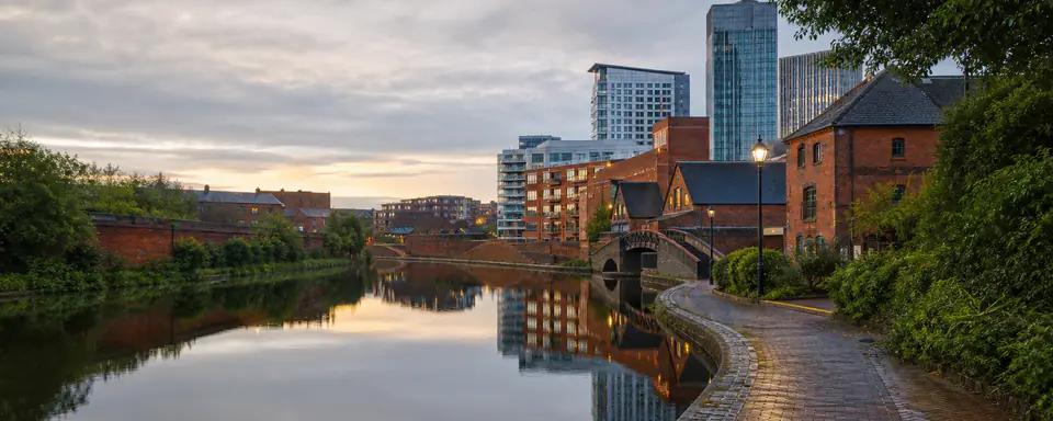 Illustrated panoramic view representing Birmingham, United Kingdom, in natural weather light