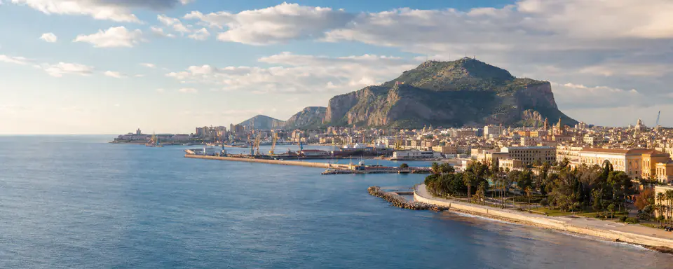 Illustrated panoramic view representing Palermo, Italy, in natural weather light