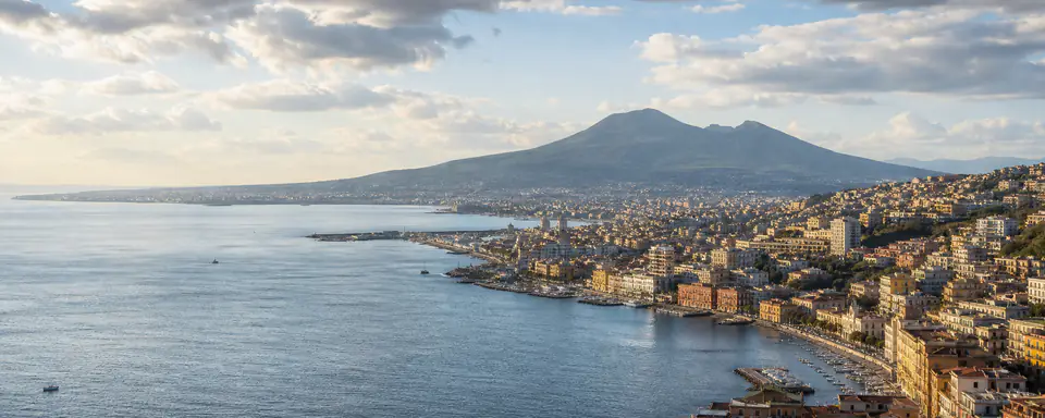 Illustrated panoramic view representing Naples, Italy, in natural weather light