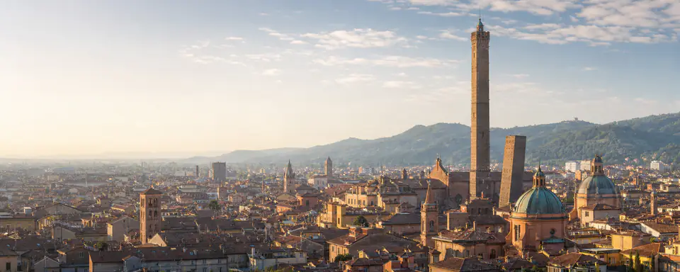 Illustrated panoramic view representing Bologna, Italy, in natural weather light