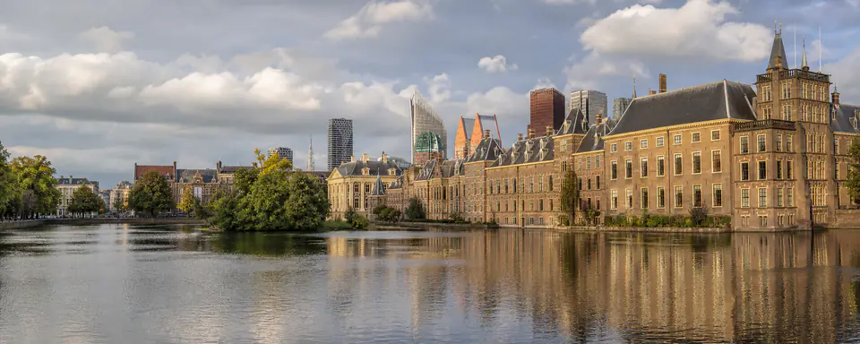 Illustrated view of The Hague's historic buildings beside the Hofvijver with a modern skyline behind