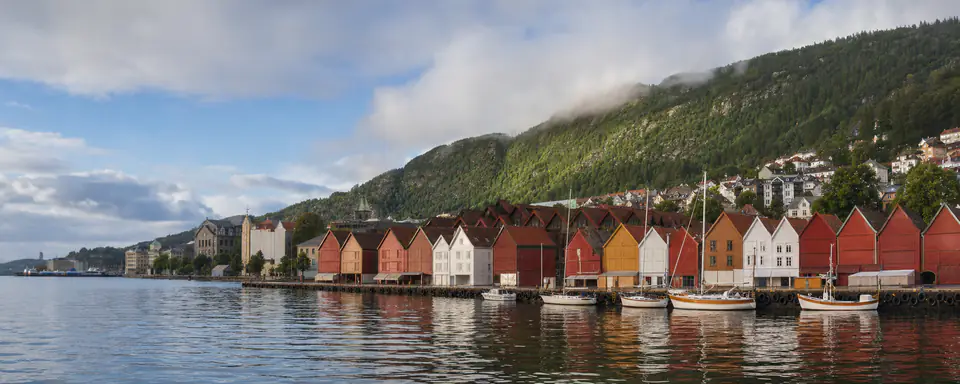 Illustrated view of Bergen's Vågen with Bryggen's colorful timber houses and green mountain slopes
