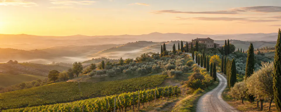 Illustrated Italian hill landscape with vineyards, olive groves, and cypresses at sunset