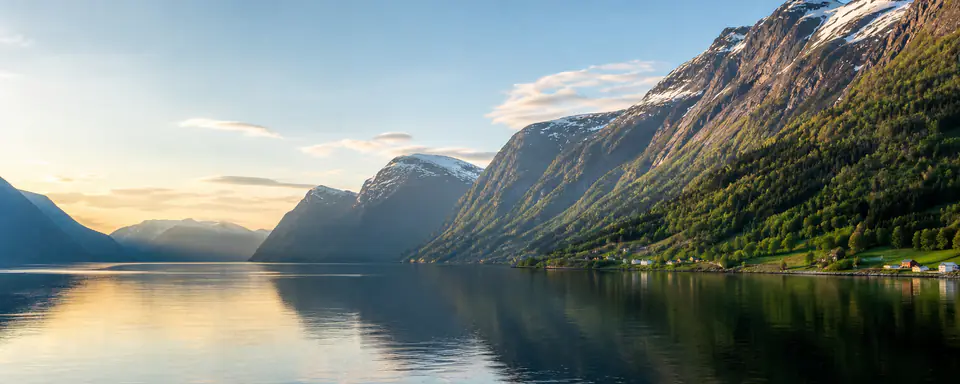Illustrated Norwegian fjord landscape with snow-streaked mountains, green slopes, and calm water
